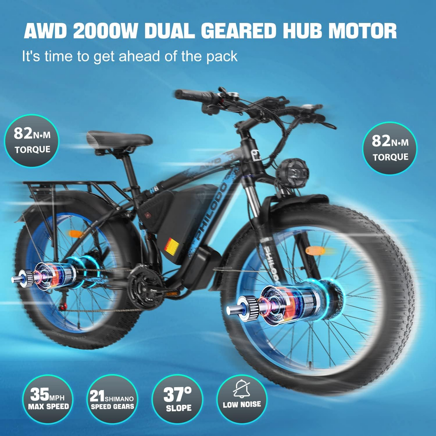 （EU UK Stock）PHILODO H8 Electric Bike for Adults, 48V 23Ah Fat Tire Ebike Dual Motor AWD 2000W 35MPH Electric Bicycles 21-Speed with Ignition Lock Hydraulic Disc Brake-Blue